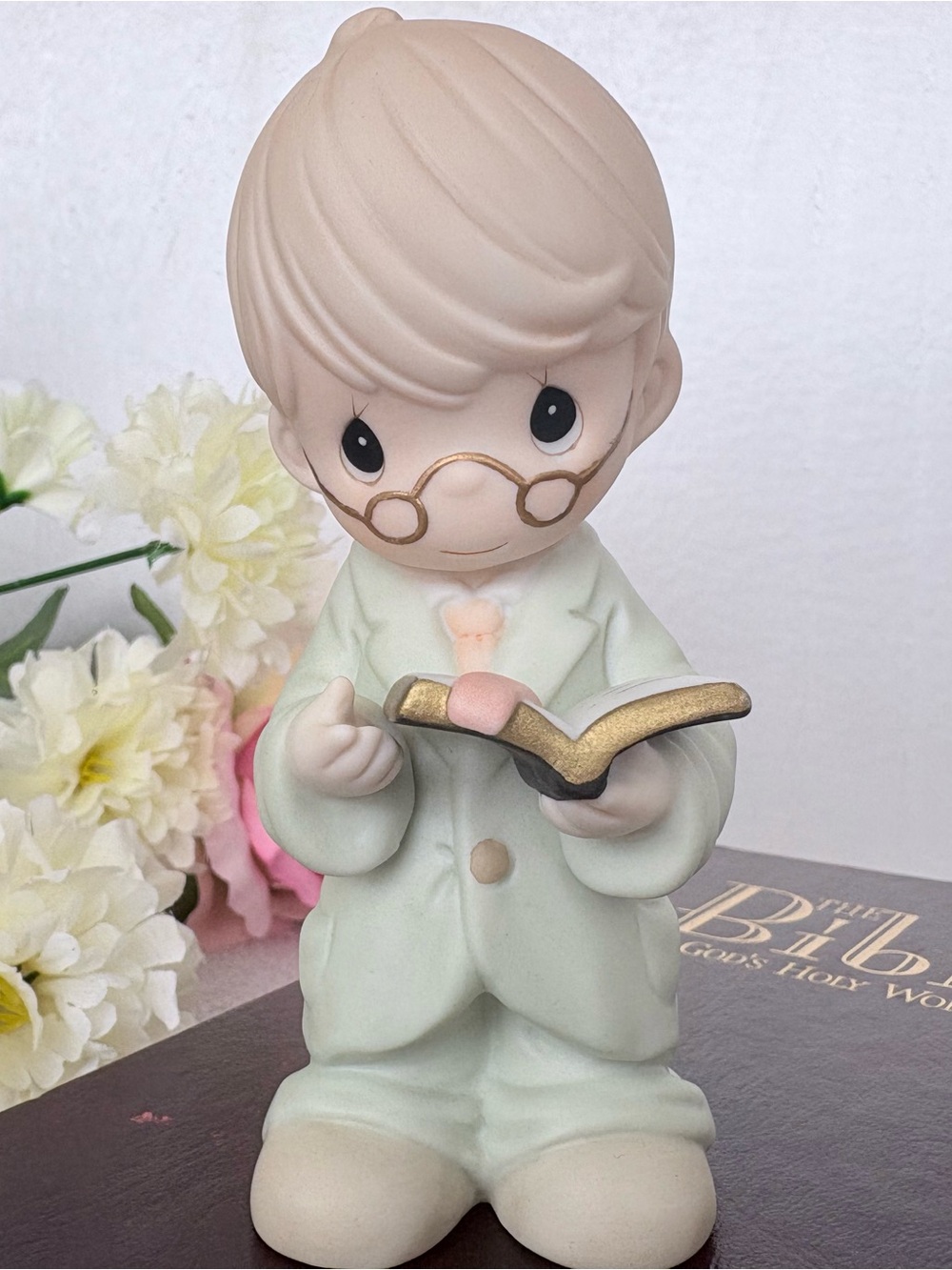 VTG Precious Moments Pale Mint Green Boy Figurine with Gold-Edged Book 1998